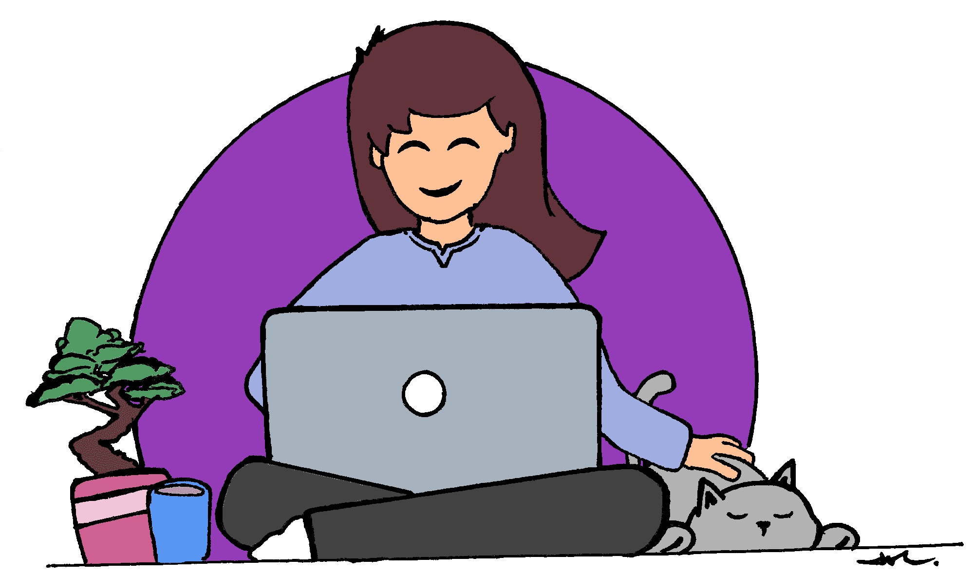 Cartoon girl sitting with laptop and cat